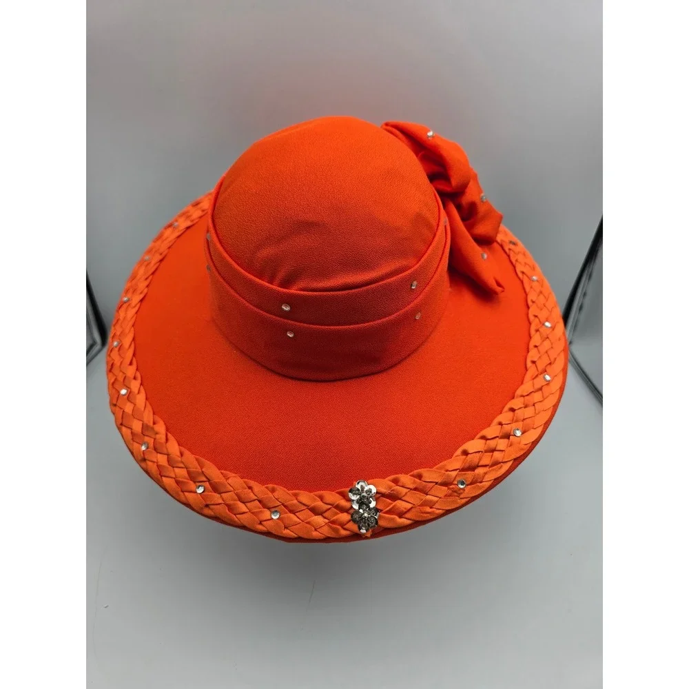 Unbranded Wide Brim Dress Hat Women Orange Good Floral Rhinestone Kentucky Derby